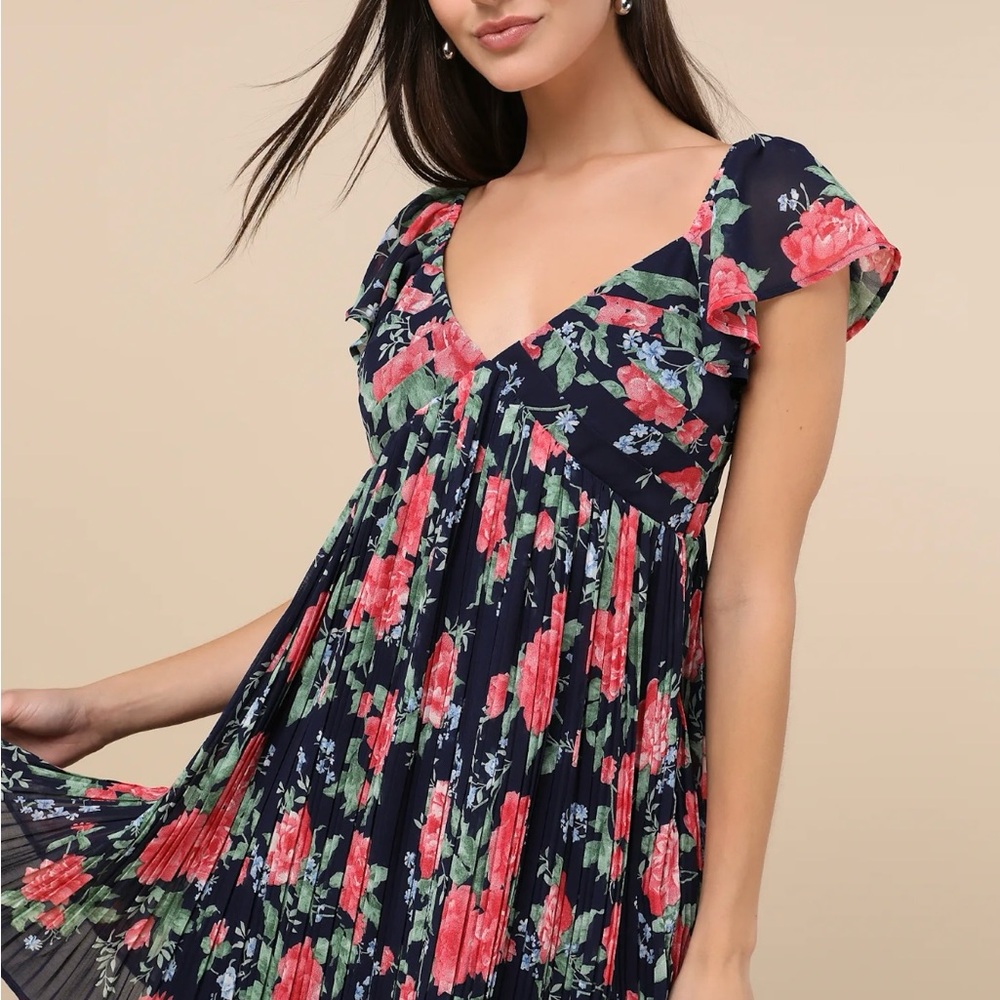 NWT Amalfi Coast Dark Navy Floral Pleated Flutter Sleeve Mini Babydoll Dress XL - Picture 3 of 12